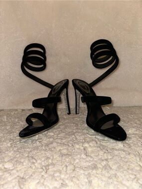 Rene Caovilla Black Spiral Ankle-Strap Velvet Heels